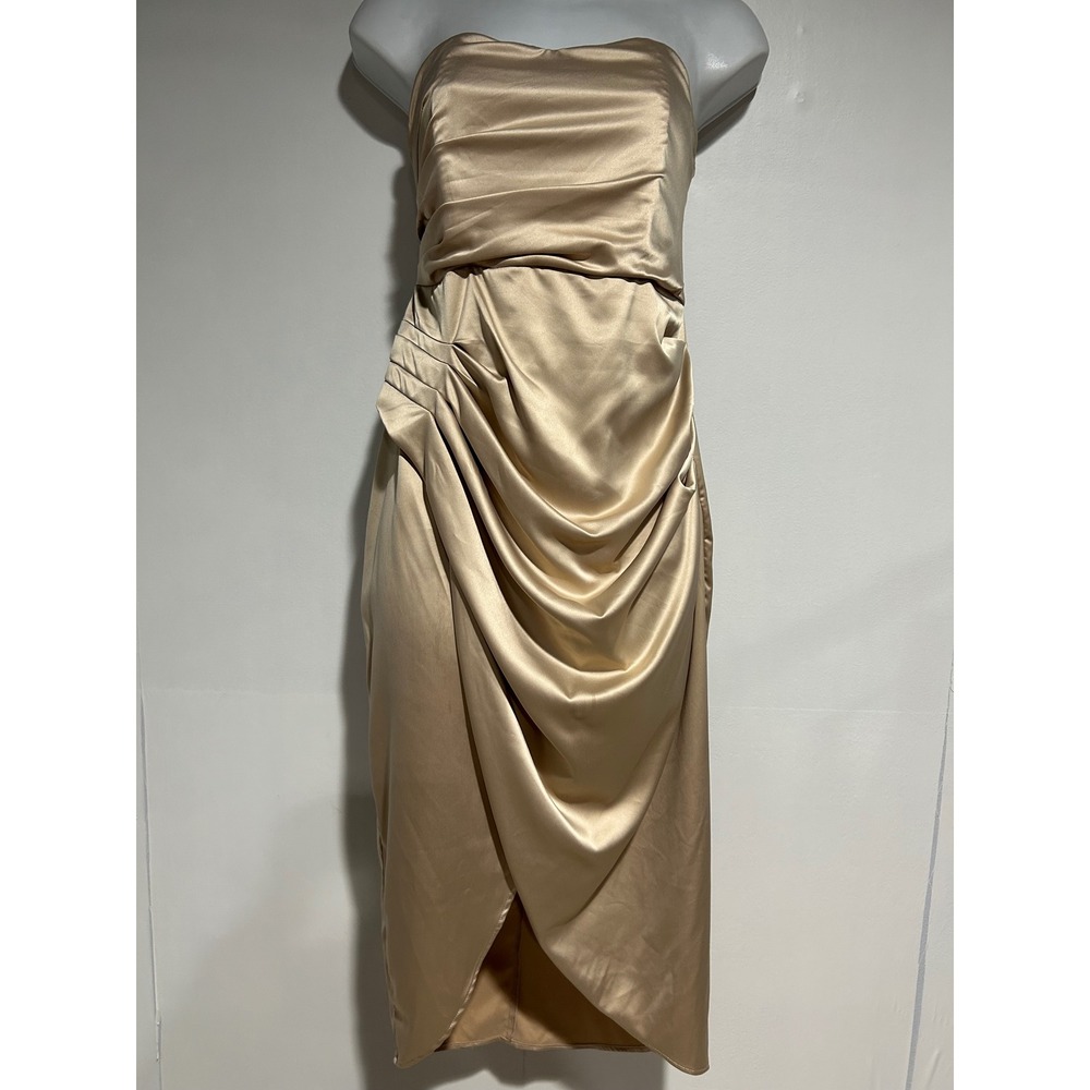 Satin Strapless Midi Dress Women Small Champagne Ruched Draped